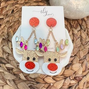 Rudolph Reindeer Dangle Earrings | Acrylic Glitter | Lightweight | NWT Boutique